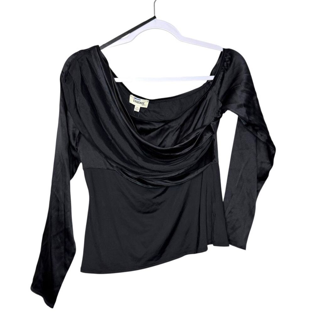 L'AGENCE Sharma Slim Jersey Bodice Blouse Women M Black‎ Long Sleeve NWT